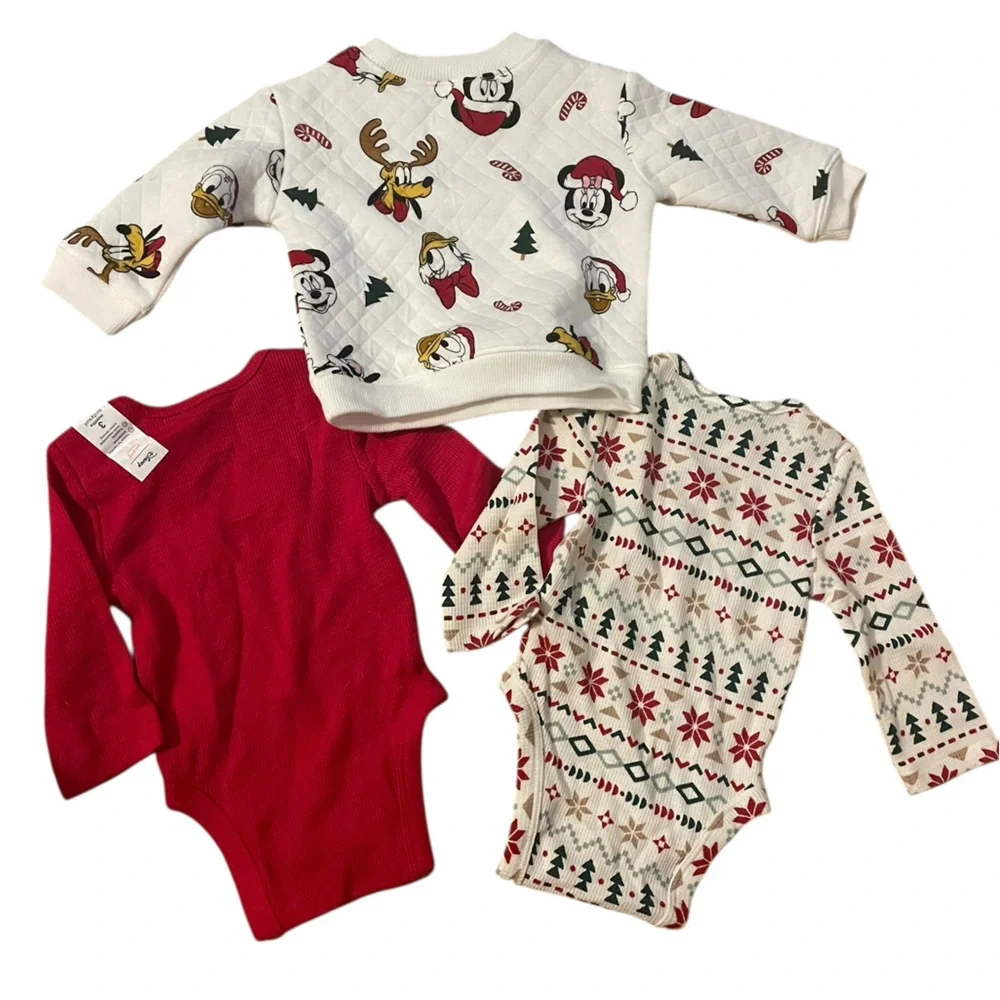 Disney Jumping Beans Christmas Baby Girl Lot 0-3M NWT Sweater & Onesies - Mickey